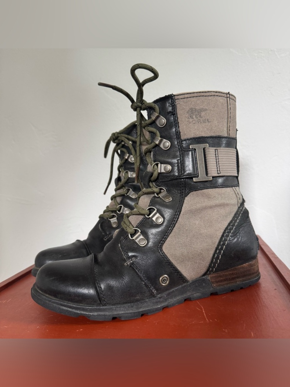 Sorel Major Carly Snow Combat Boots Leather Canvas Mid Calf Lace Up Sand Black - Picture 4 of 12